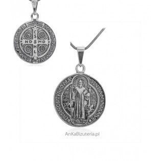 Duży medalik srebrny oksydowany  Św Benedykta