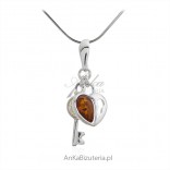 Silver pendant with amber HEART AND KEY