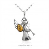 Silver pendant ANIOŁEK with cognac amber