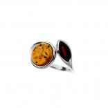 Silver ring with natural amber in cherry and cognac color