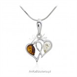 Silver pendant with amber TWO CONNECTED HEART