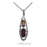 Silver pendant with amber oxidized ZARA 2 - with cognac and cherry amber