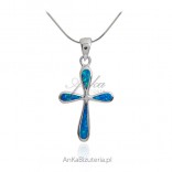 A silver cross with Australian blue opal