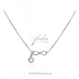 Silver jewelery INFINITY necklace with a white heart