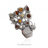 Silver brooch with amber - Vase with colorful poppies