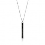 A silver rectangle necklace with black cubic zirconia