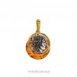 Silver pendant with amber GREEN MASK