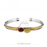 Silver bracelet with yellow and cognac amber - original jewelry