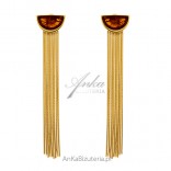Silver earrings with gold plated with long amber: "Wiktoria waterfall"