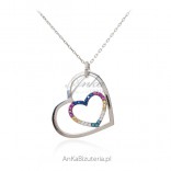 Silver necklace. Hearts with colorful zircons