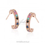 Silver earrings with pink gold and colorful cubic zirconia