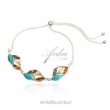 Silver bracelet with amber and turquoise