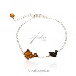 Silver bracelet with amber TWO CATS
