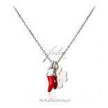 Fortunately, silver jewelry - Necklace with clover and red Good Luck