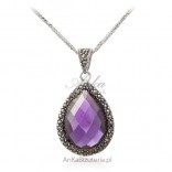 Silver pendant with purple facetted zircon with marcasites
