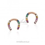 Silver earrings with colorful zircon gold-plated with pink gold HORSE LUCK