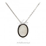 Silver necklace GOD'S MIRACLE on white mother of pearl and black zircons