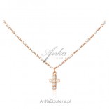 Silver gold-plated necklace with white enamel and cubic zirconia CROSS