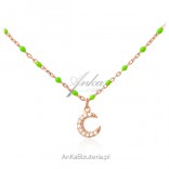 Rose gold plated silver necklace with green enamel and white zircons HALF MOON