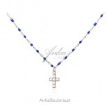 Silver necklace with navy blue enamel and zircons CROSS
