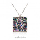 Silver necklace with colorful zircons and turquoise - WAVED SQUARE