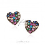 Hearts silver earrings with colorful zircons and turquoise