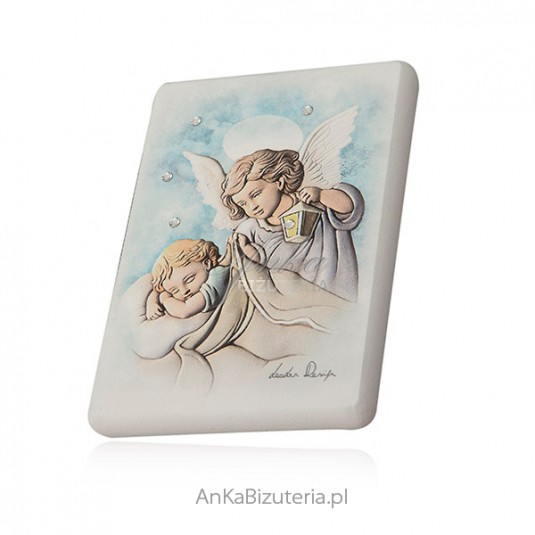 Obrazek Aniołek na białym drewnie z kryształami Swarovski