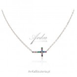Silver necklace with cross cross and colorful zircons