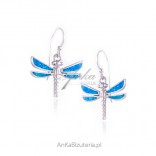 Silver earrings with blue opalescent dragonflies