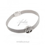 Silver modular mesh bracelet for charms pendants - with a tree of happiness