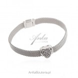 Silver modular mesh bracelet for pendants Charms HEART with zircons