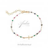Gold-plated silver bracelet with colorful zircons and a cross