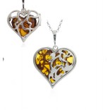 Silver pendant large HEART with amber