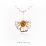 Silver pendant with amber JAPANESE MIŁORZĘB LEAF