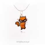 Silver pendant CAT with amber