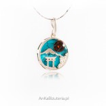 Silver pendant with turquoise and amber. Red sun of Kyoto