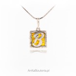 Silver pendant with amber LETTER -B
