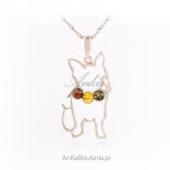 Silver pendant CAT - amber in beads