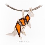 Silver pendant with amber ORIGAMS - KANGUR