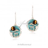 Silver turquoise earrings with amber - Red Kyoto sun