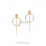 Trendy silver jewelry. Earrings long circles with rod gold plated