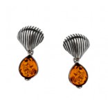Silver earrings shells with cognac amber oxidized