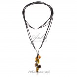 Unique long silver necklace with amber on amber thongs