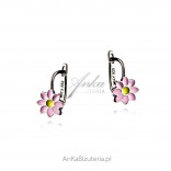 Silver earrings for children FLOWERS with pink enamel