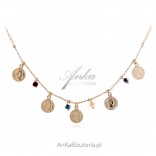 Gold-plated silver necklace COINS with colorful spinels