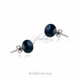 Silver earrings cultured pearls navy blue