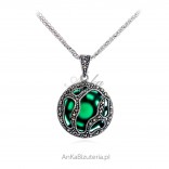 Silver pendant with marcasites with green gemstone