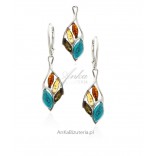 A set of silver jewelry with amber and turquoise