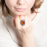 Large silver ring with amber - adjustable