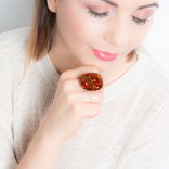 Big silver ring with amber - free size adjustment